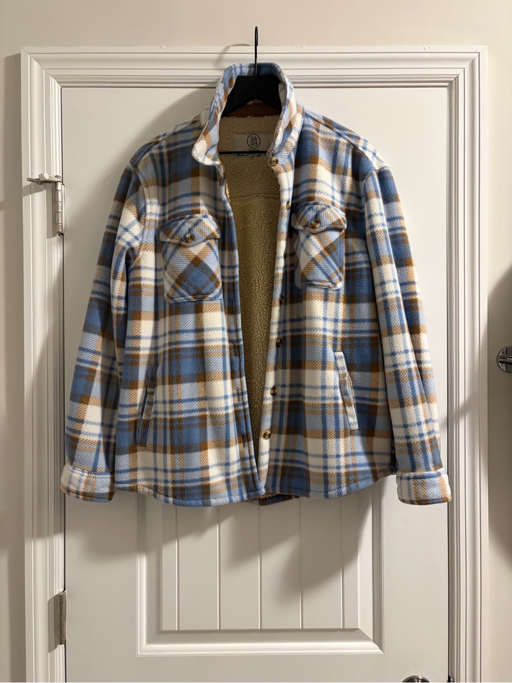 Sage Plaid Sherpa-Lined Shirt Jacket in Blue, White & Brown